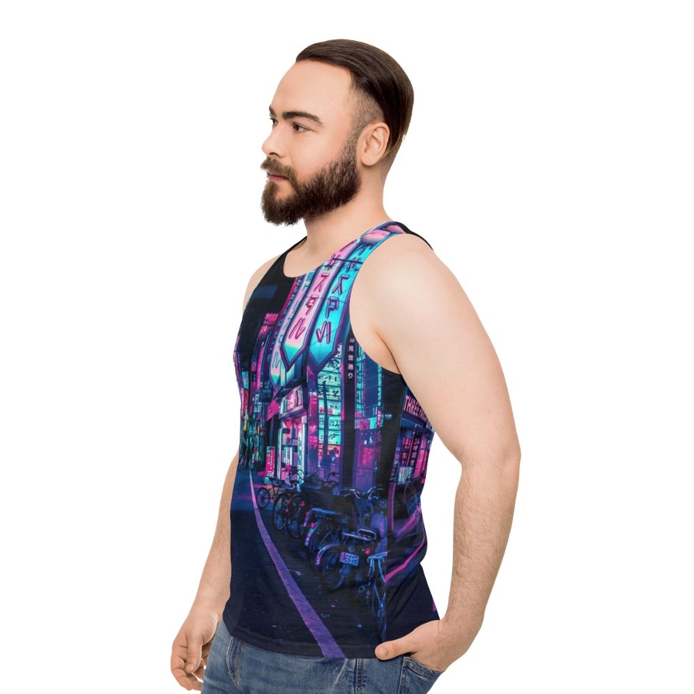 Futuristic neon unisex tank top with Japanese streetwear design - men side