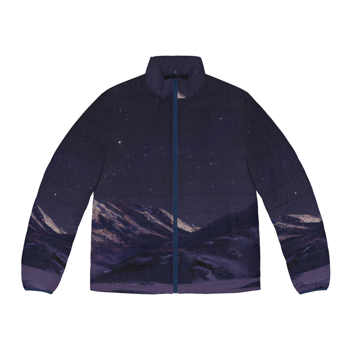 Person wearing a puffer jacket standing in front of a starry night sky and mountains