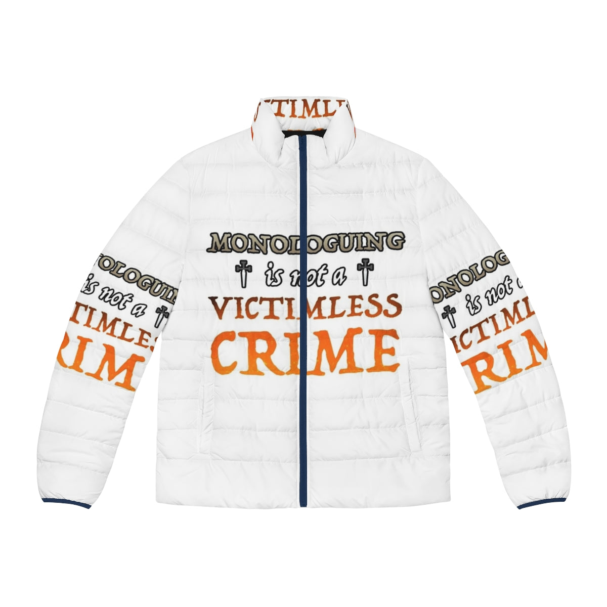 Puffer jacket with "Monologuing Is Not A Victimless Crime" design, featuring a focus on Shakespeare's tragedies and villain monologuing.