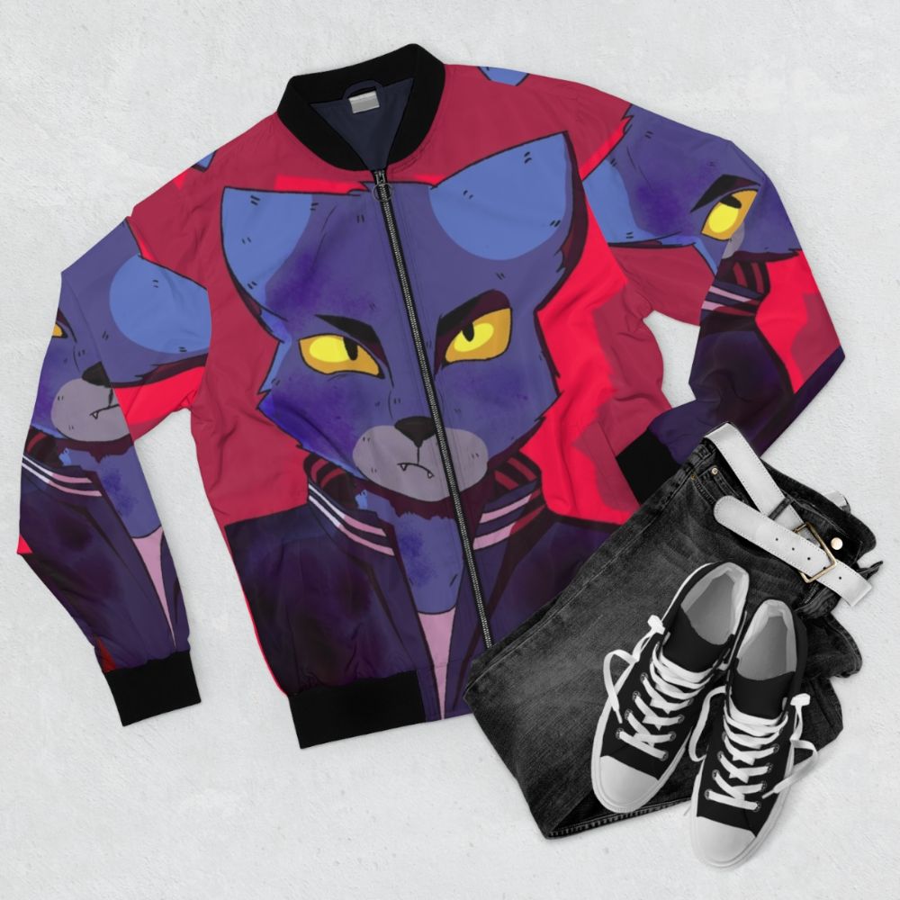 Caravan Palace Lone Digger Bomber Jacket with a furry cat design - Flat lay