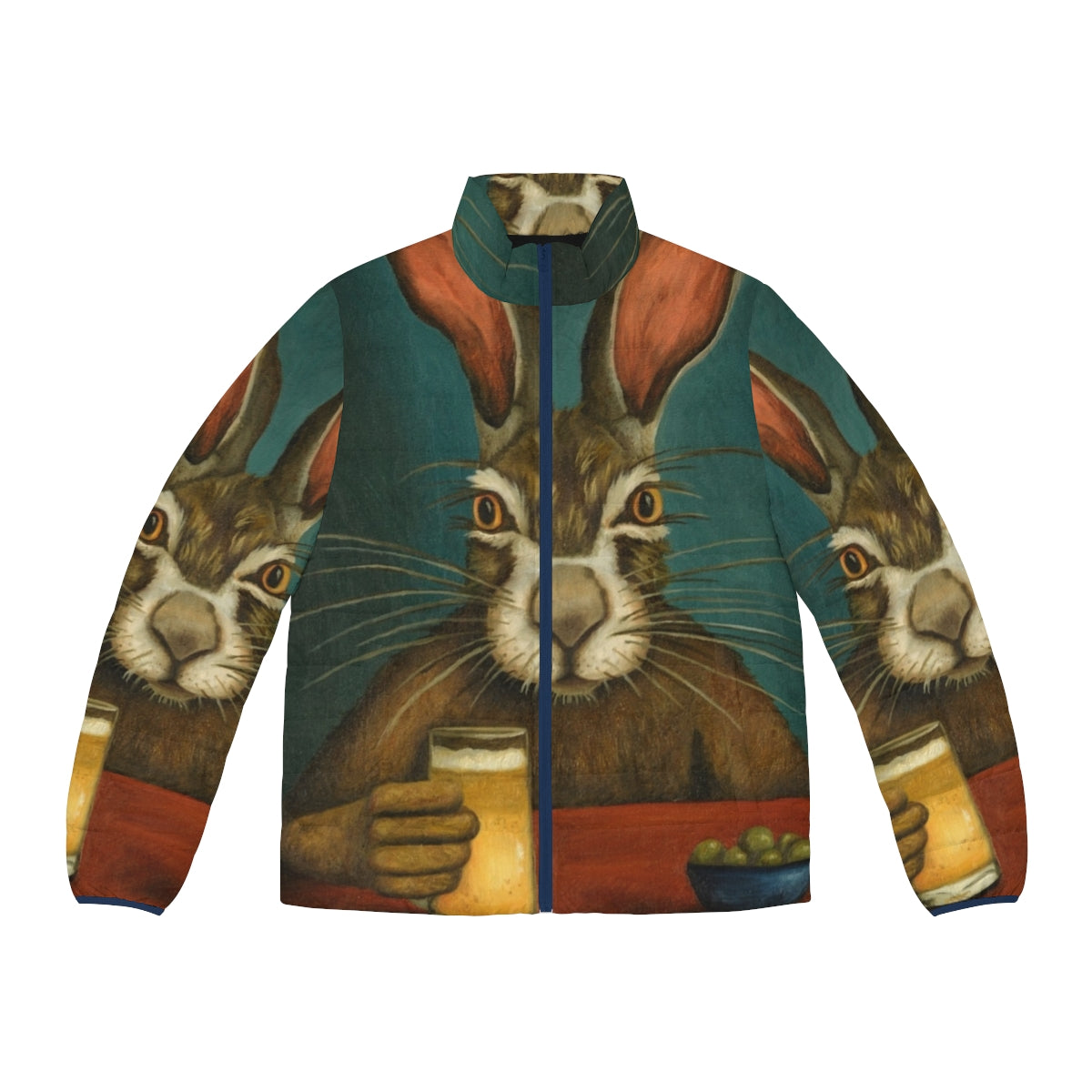 Puffer jacket with a bunny hopping design for a playful, humorous look