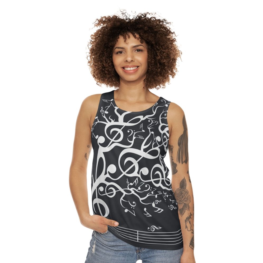 White unisex tank top with nature and music design - women