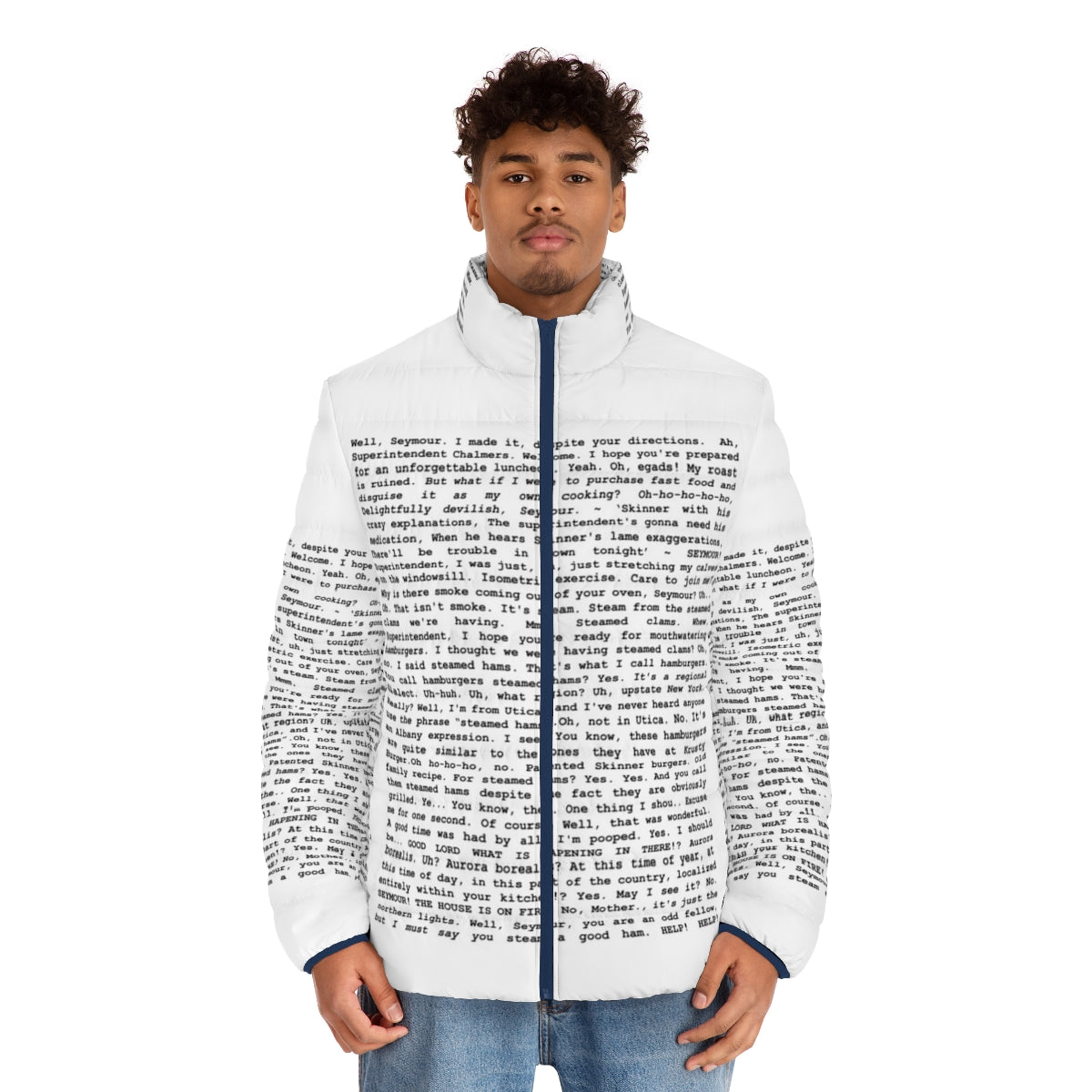 A puffer jacket printed with the entire "Steamed Hams" script from The Simpsons, featuring Superintendent Chalmers and Principal Skinner. - men front