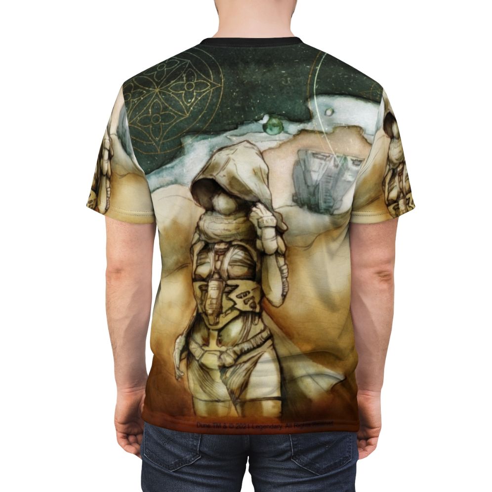 Artistic t-shirt design featuring the character Chani from the Dune movie franchise, set in the Arrakis desert landscape. - men back