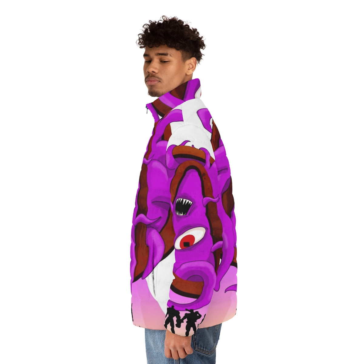 A high-quality puffer jacket featuring the iconic Borderlands logo and tentacles design, perfect for Borderlands fans. - men side left