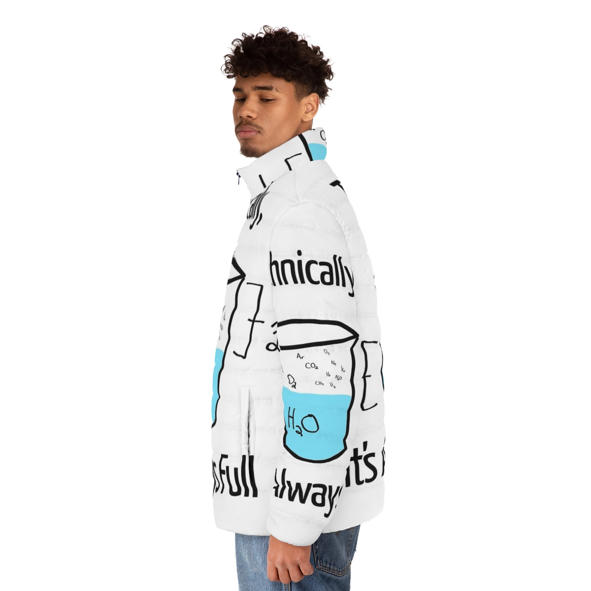 Optimistic Science Puffer Jacket with Molecules and Geeky Designs - men side left