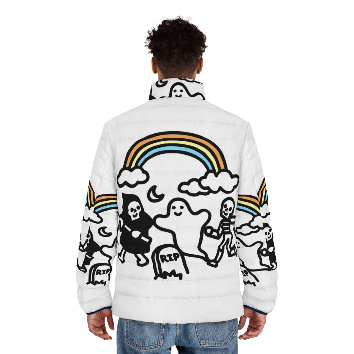 Spooky puffer jacket with skulls, ghosts, and rainbows - men back