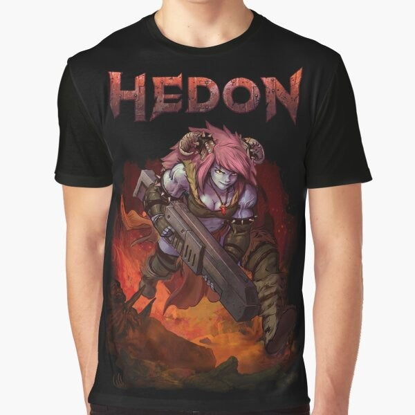 Hedon fantasy video game graphic t-shirt with demon, horns, and retro style