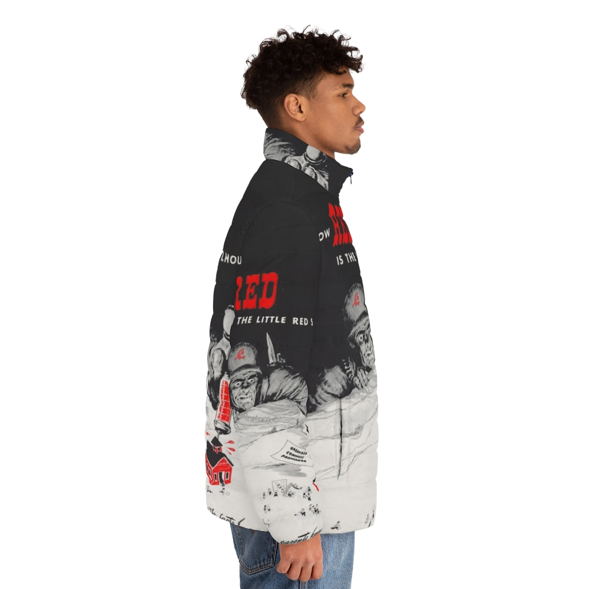 A red puffer jacket with a retro 1950s school house design, representing patriotic and anti-communist fashion. - men side right