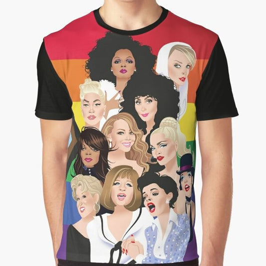 Pride Divas Edition Graphic T-Shirt featuring LGBTQ+ icons and pride colors