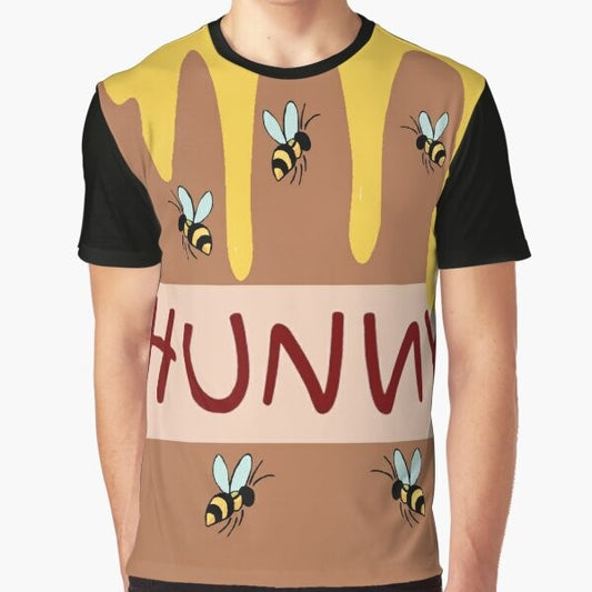 Graphic illustration of a honey bear and honey pot on a t-shirt for kids