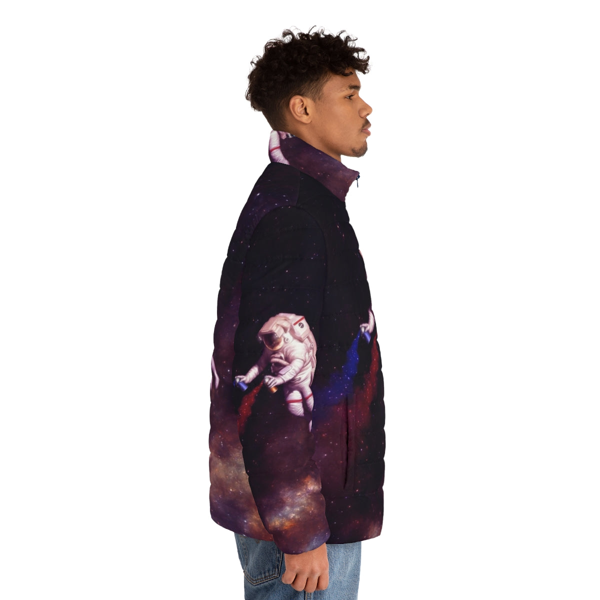 Colorful puffer jacket featuring an astronaut artist design with shooting stars, galaxies, and space elements - men side right