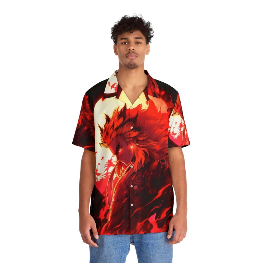 Flame Slayer Hawaiian Shirt with Demon Slayer Anime Inspired Design - People Front