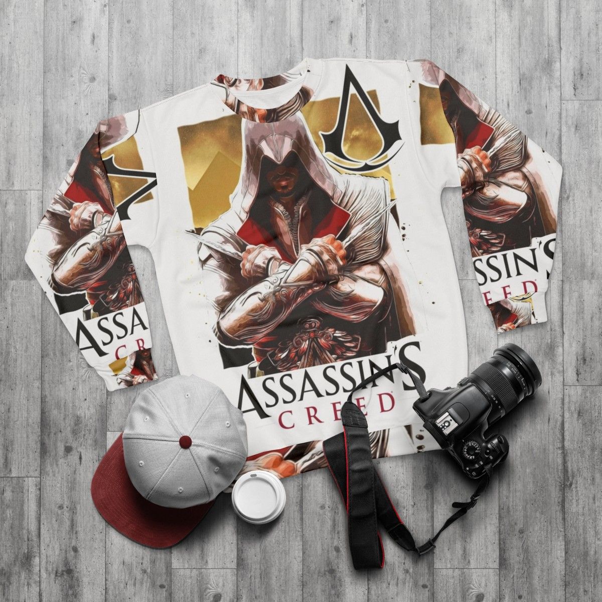 Assassins Creed Sweatshirt featuring the iconic Assassins Creed logo - flat lay