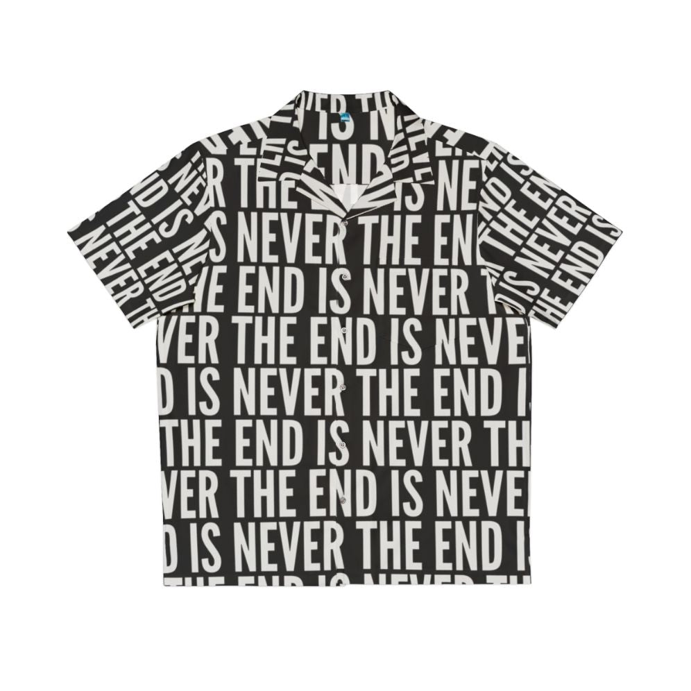 Surreal Hawaiian shirt with "The End Is Never The End" design inspired by The Stanley Parable video game