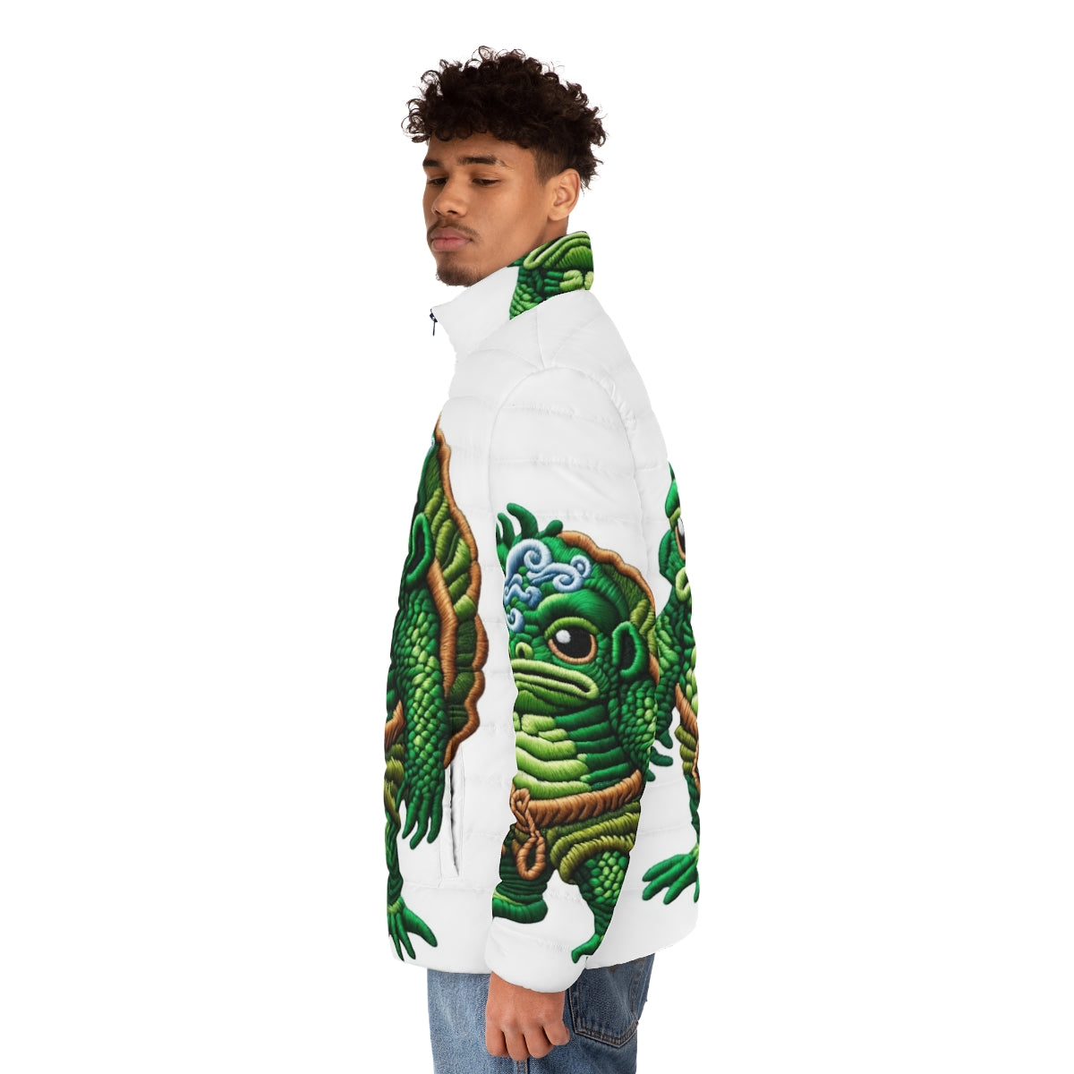 Embroidered puffer jacket featuring the kappa, a legendary Japanese mythical creature - men side left