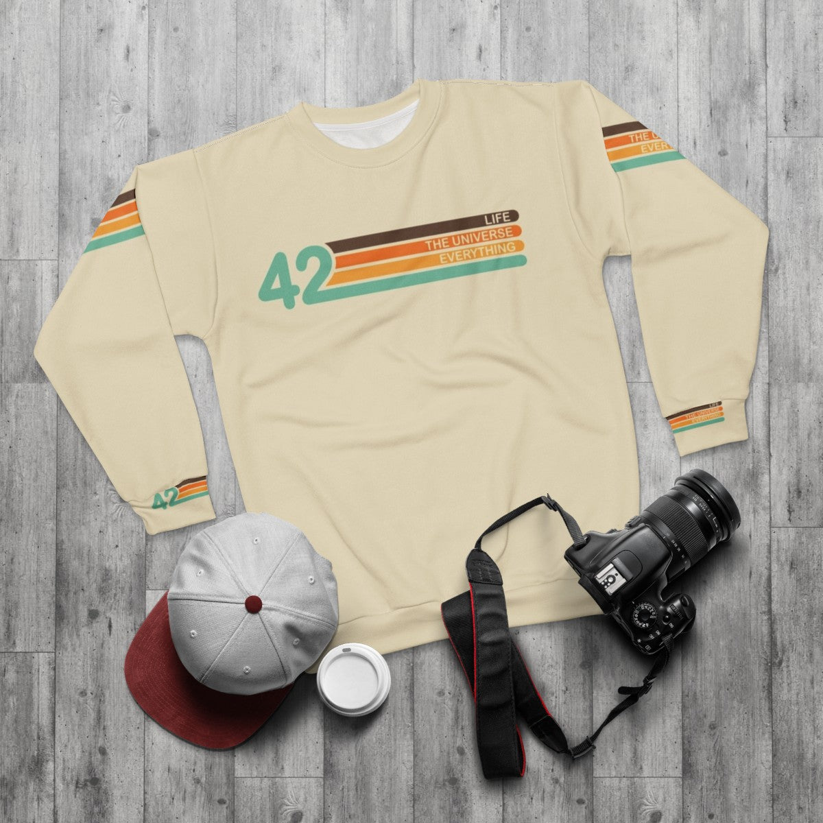 Retro Hitchhiker's Guide to the Galaxy Sweatshirt with "The Meaning of Life" Design - flat lay