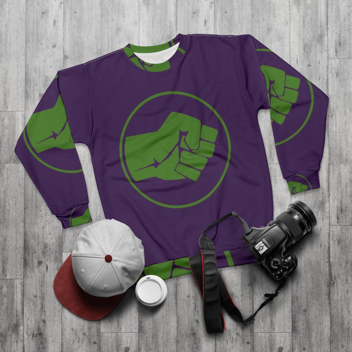 Green Sweatshirt with Smash Fist Hulk Logo - flat lay