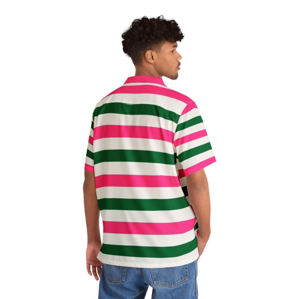 Retro deckchair stripes Hawaiian shirt in forest green and pink - People Back