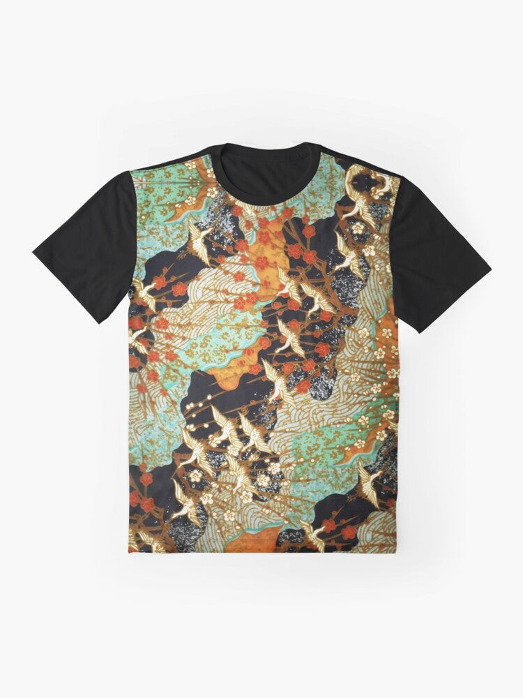 Colorful graphic t-shirt featuring flying cranes and spring flowers in a Japanese-inspired floral pattern - Flat lay