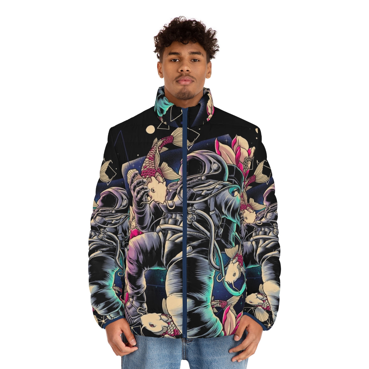 Deep space puffer jacket with a cosmic, interstellar starry design - men front