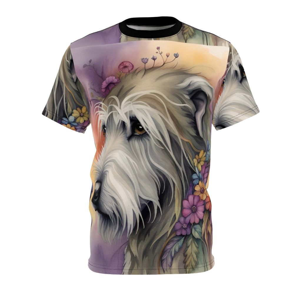 Whimsical watercolor illustration of an Irish Wolfhound on a t-shirt