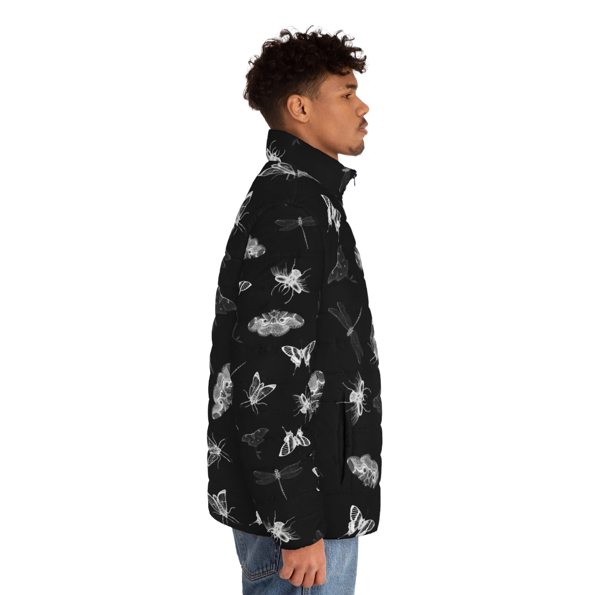 Puffer jacket with a nightmare-inducing bug pattern design - men side right