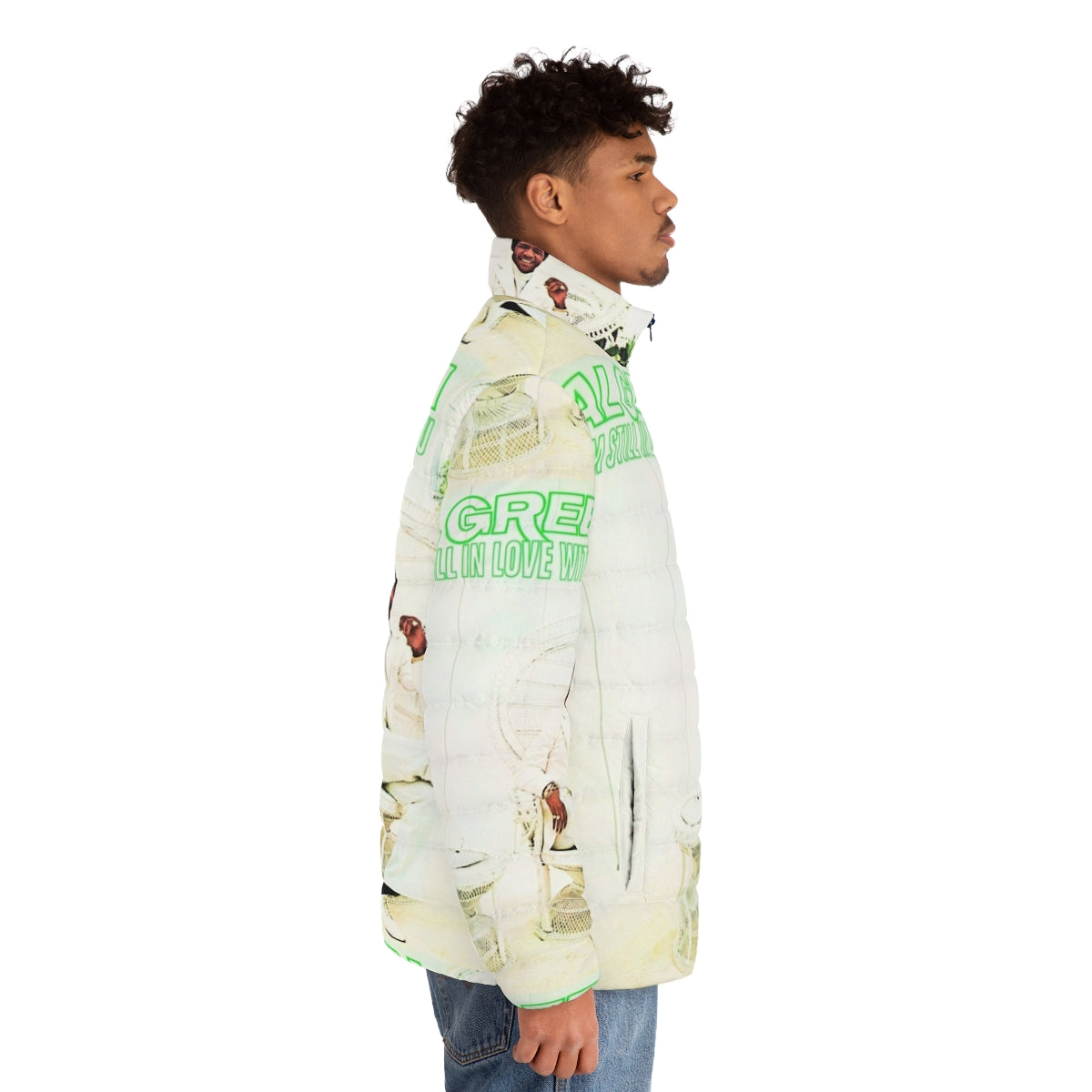 Puffer jacket featuring the album cover art for "I'm Still in Love with You" - men side right