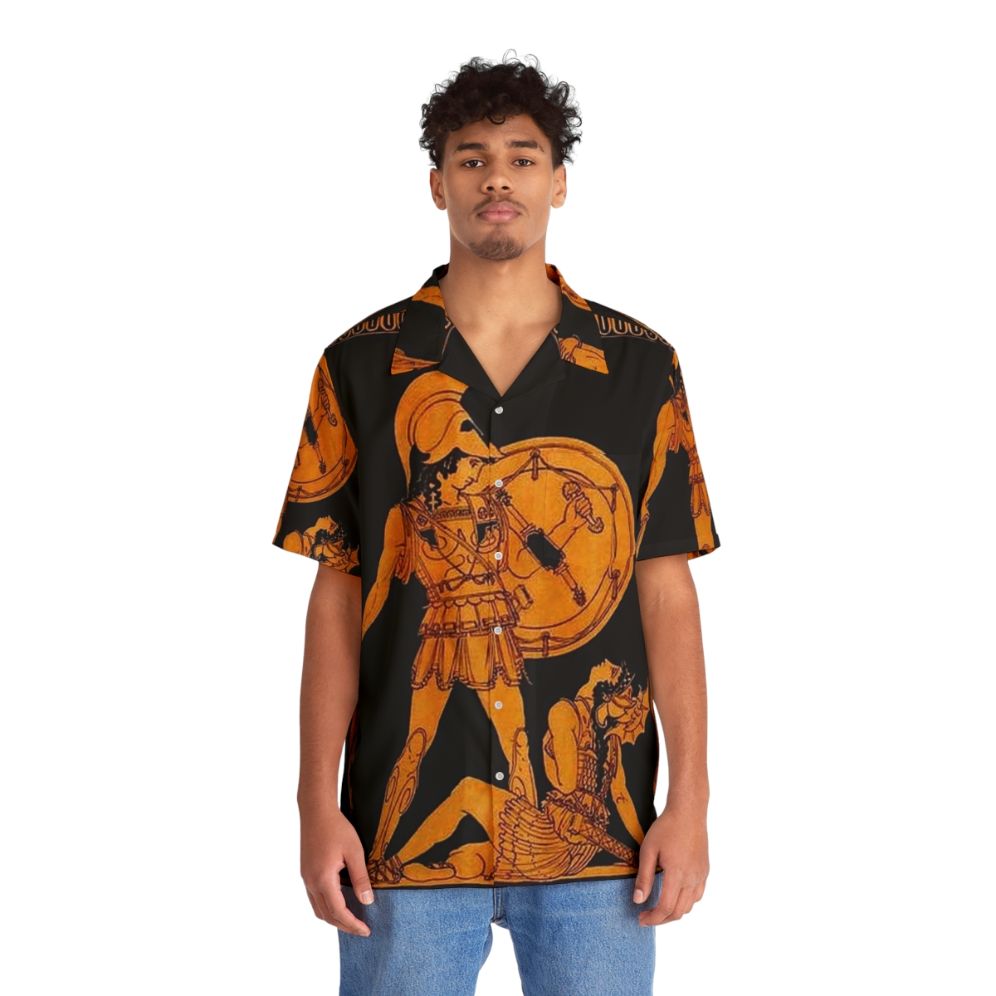 Colorful Greek mythology inspired Hawaiian shirt with ancient Greek god and goddess frieze print - People Front