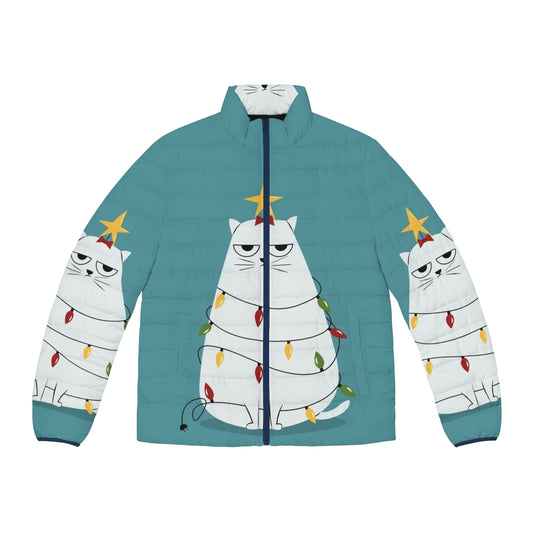 Grumpy Christmas cat puffer jacket with cartoon design