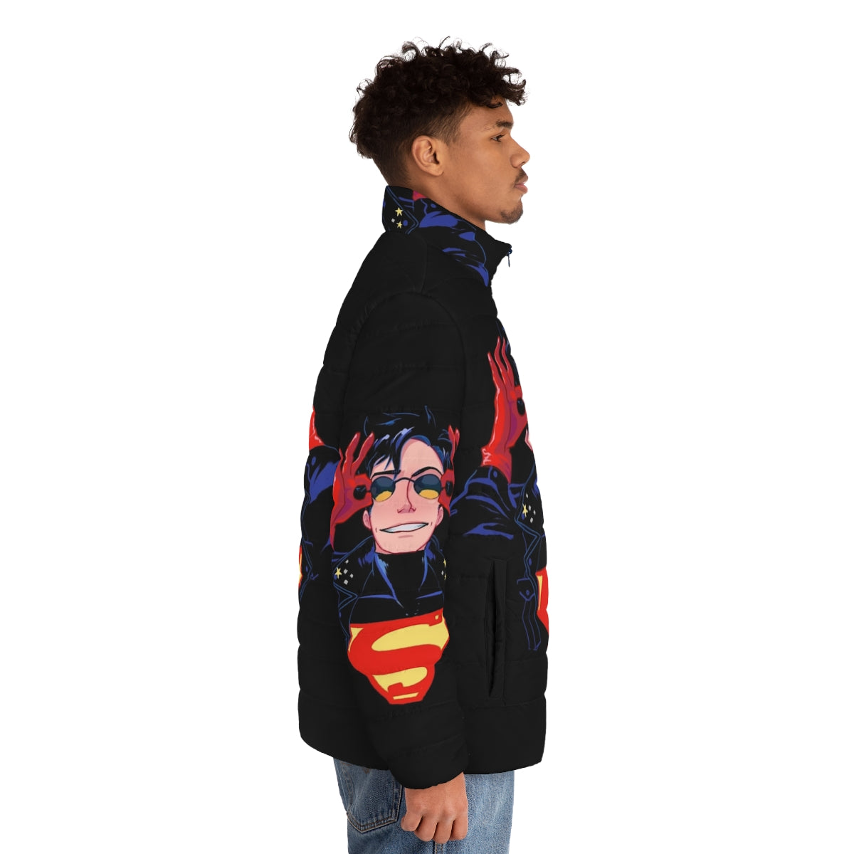 Superboy 90's Hero Puffer Jacket featuring DC Comics Inspired Superhero Design - men side right