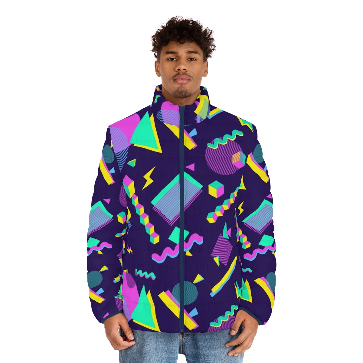 Colorful retro puffer jacket with geometric shapes and vaporwave aesthetic - men front