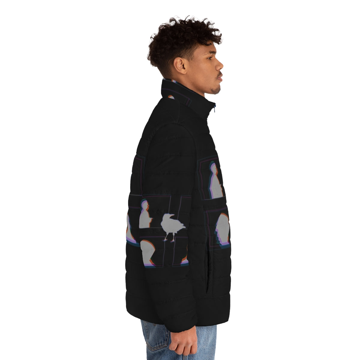 Alfred Hitchcock inspired puffer jacket with a crow design, featuring the iconic director's silhouette. - men side right