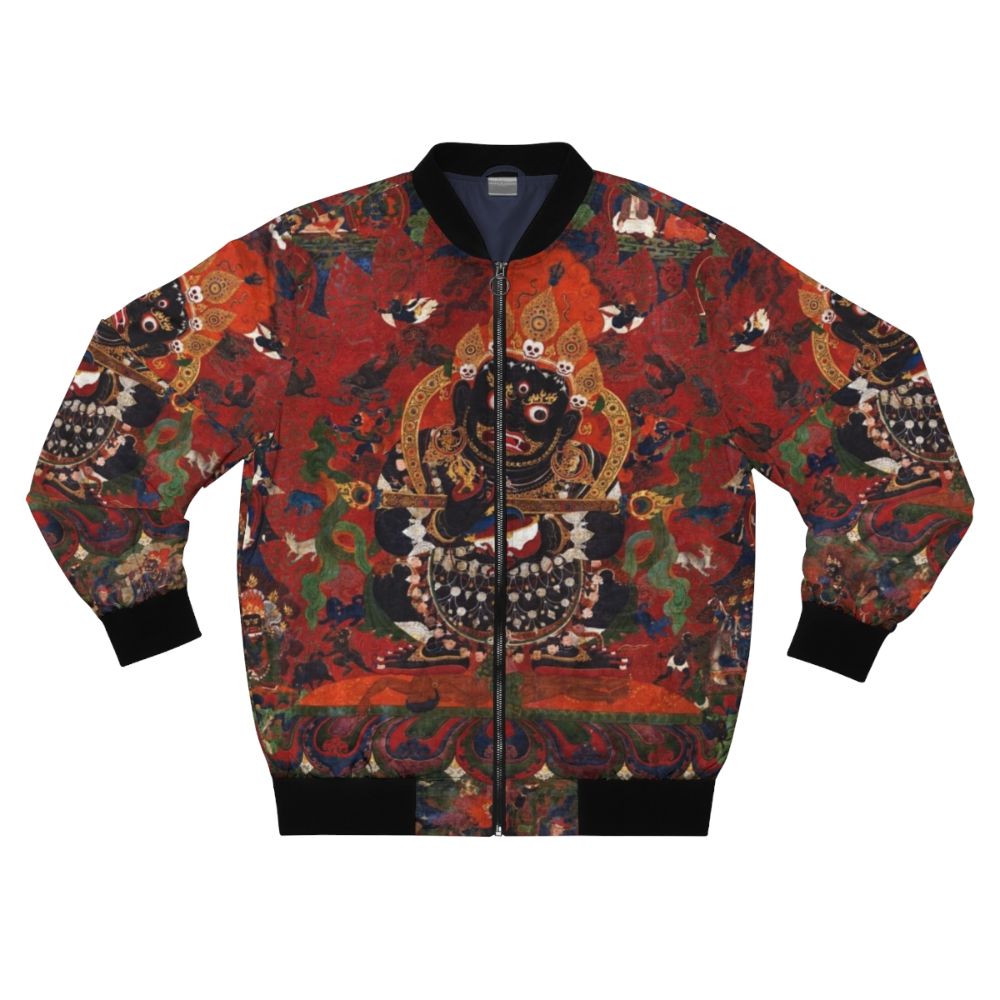 Mahakala, the Protector of the Tent, featured in a traditional Tibetan Buddhist artwork design on a bomber jacket.