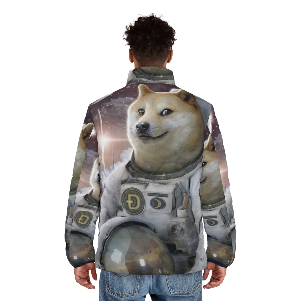 Doge astronaut puffer jacket with galaxy and space motifs - men back