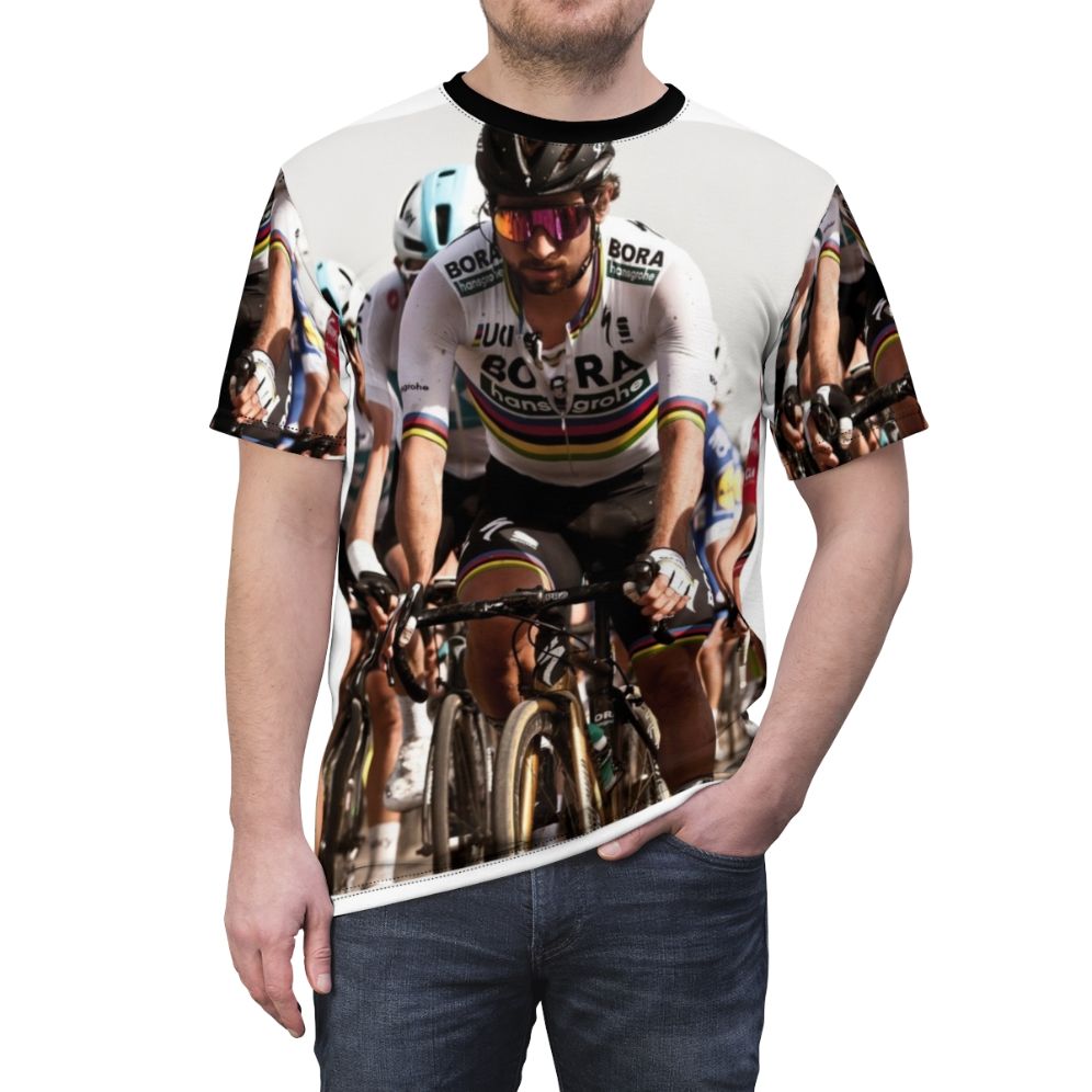 Peter Sagan inspired cycling t-shirt featuring the 2018 Paris Roubaix winner - men front