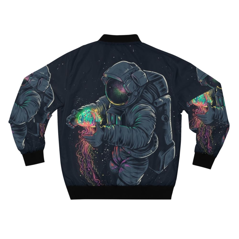 Model wearing a bomber jacket with a cosmic, intergalactic, and scifi-inspired design - Back