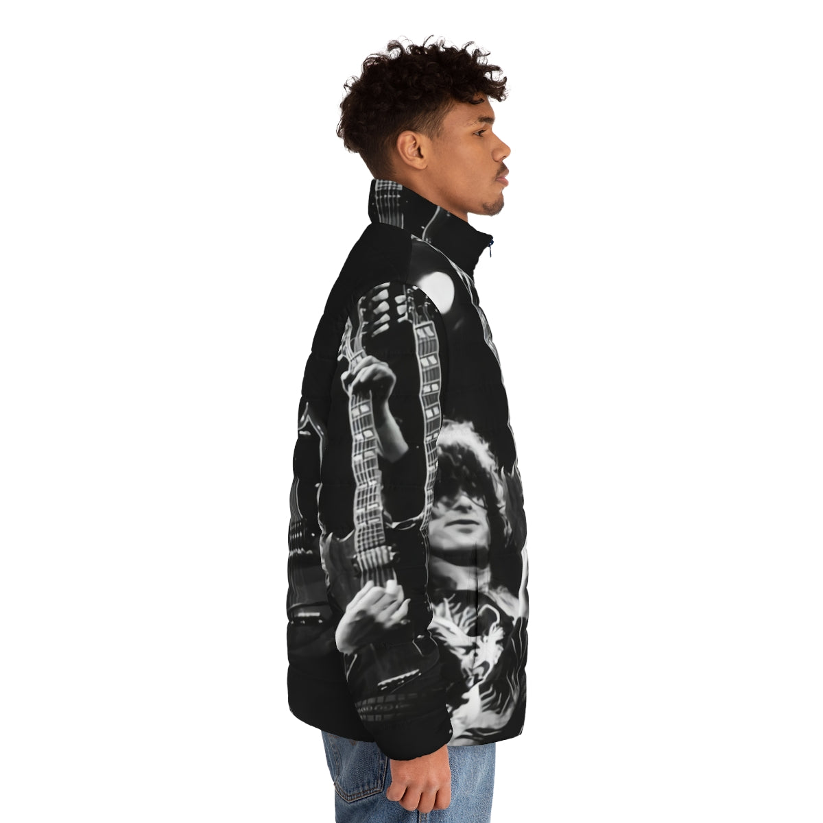 Vintage-inspired puffer jacket with image of Jimmy Guitaris playing guitar - men side right