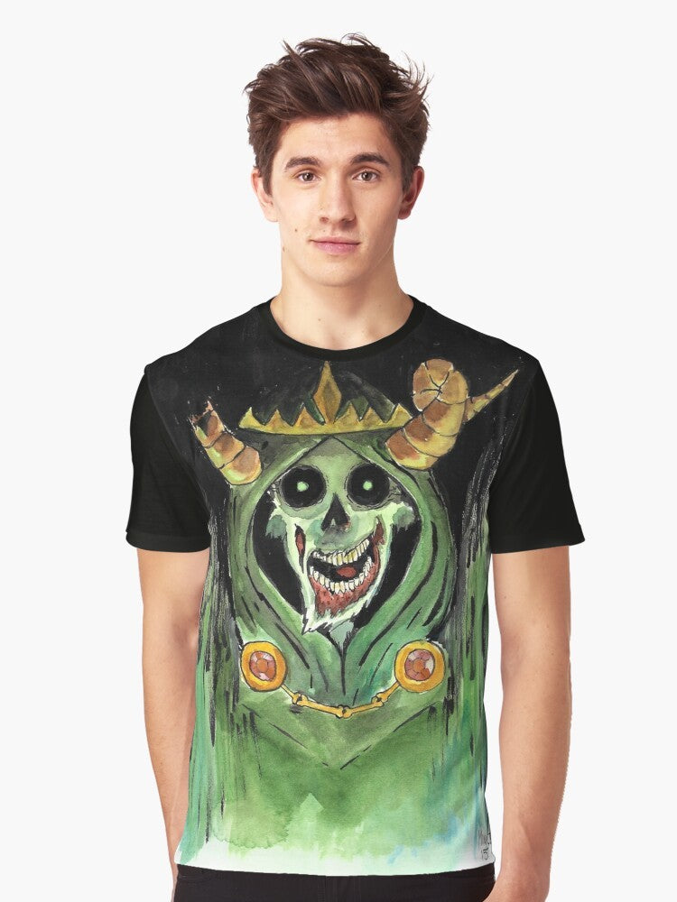 A graphic t-shirt design featuring a lich or undead sorcerer with a skull and gothic/horror elements - Men