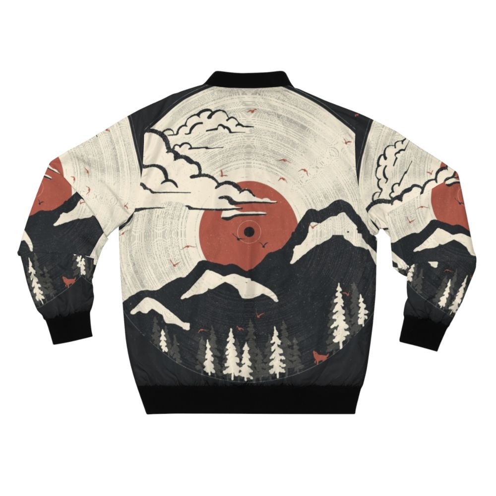 Mountain and nature-inspired bomber jacket with music and vinyl record elements - Back