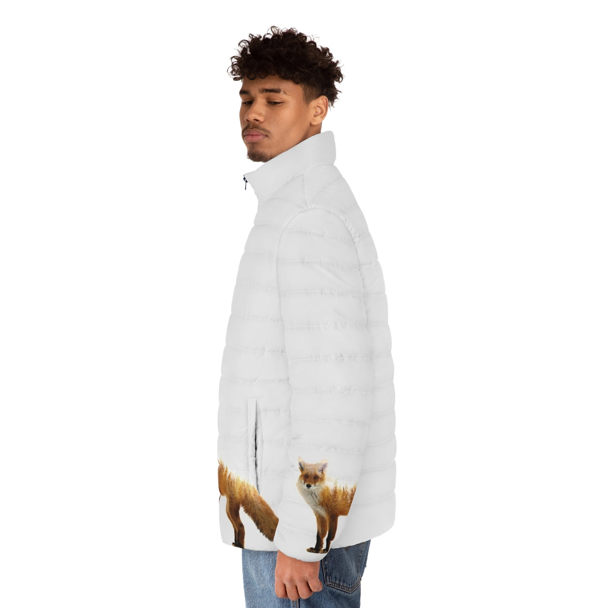 A puffer jacket featuring a double exposure design of a majestic forest fox - men side left