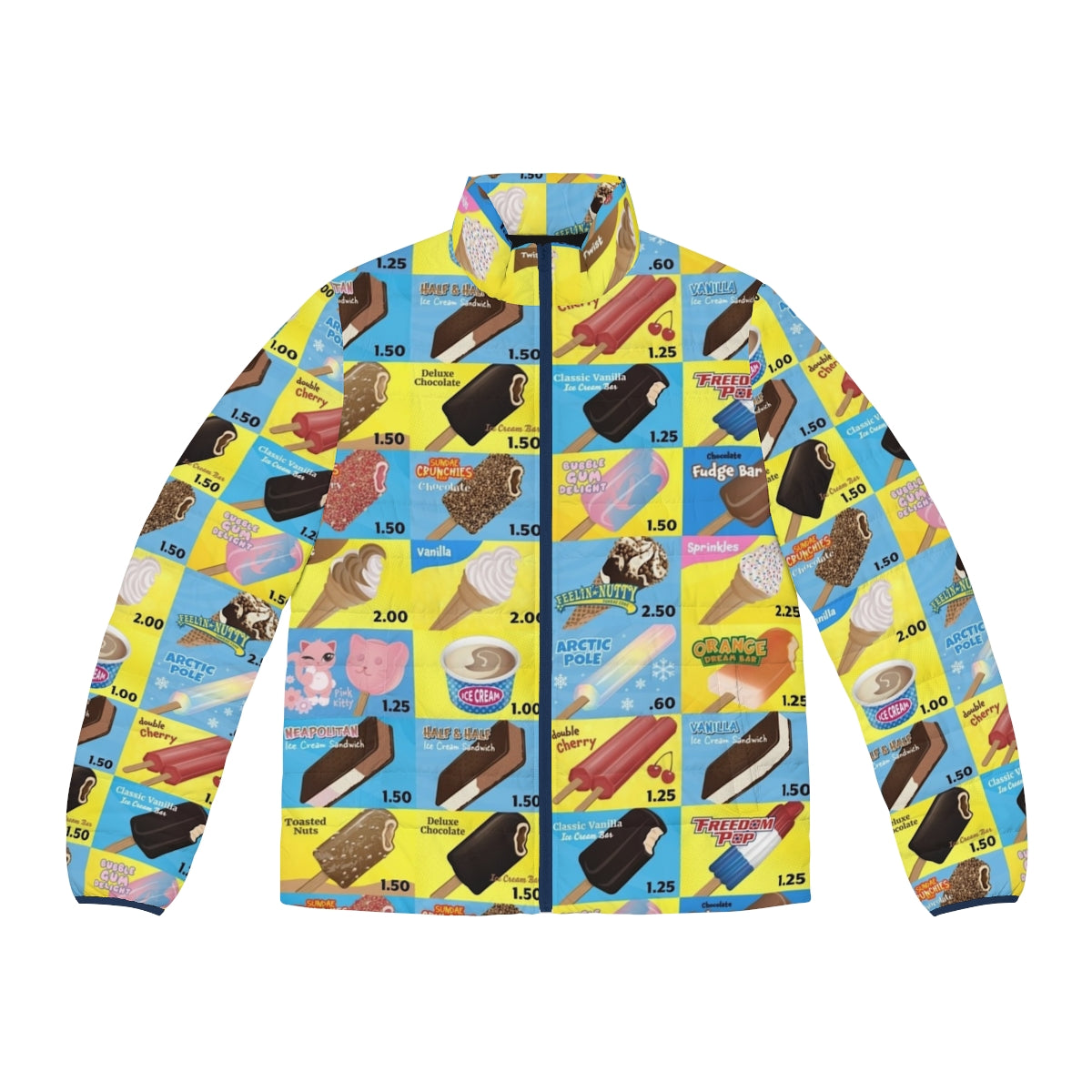 Puffer jacket featuring a vintage ice cream truck menu design with cones, sandwiches, and sprinkles