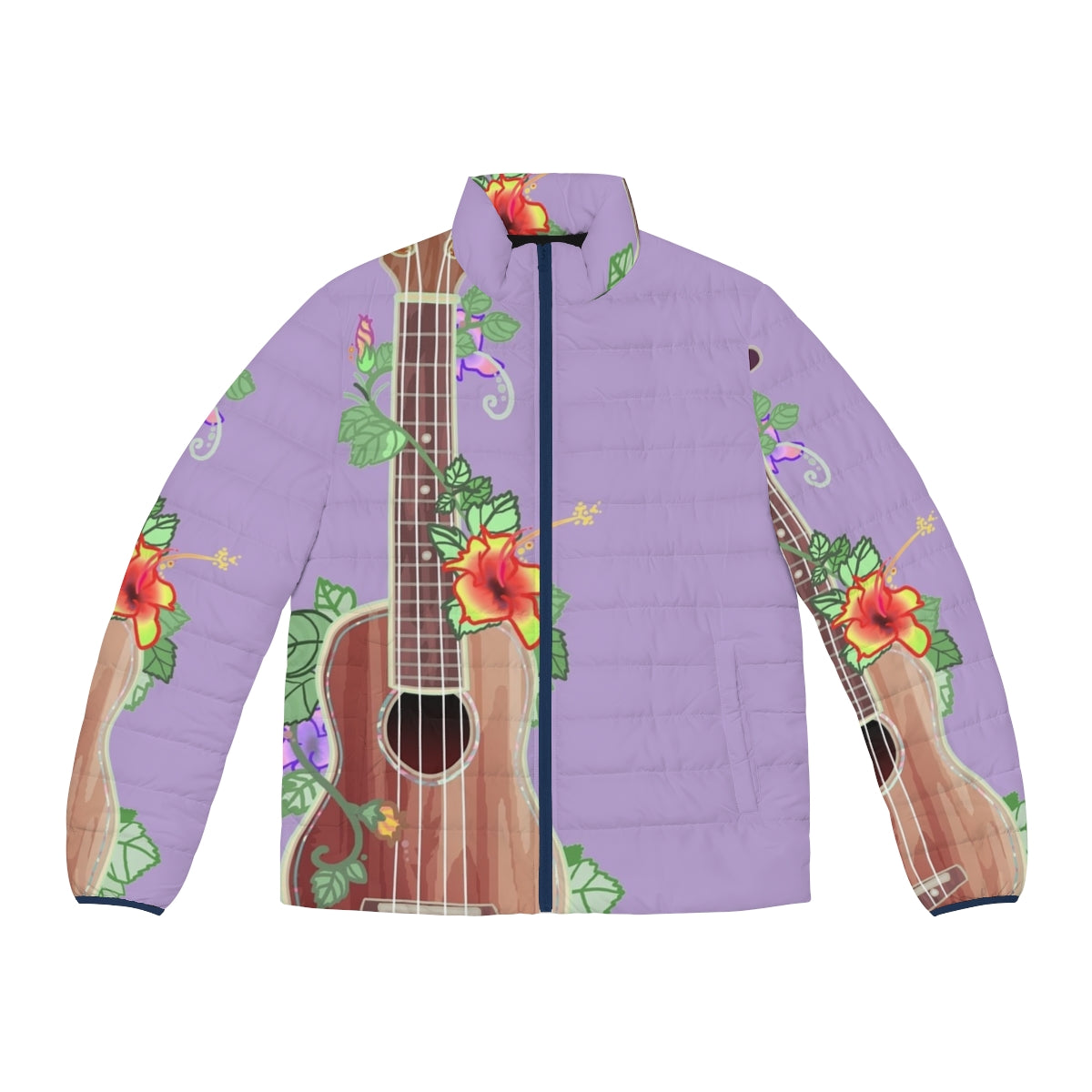 Koa wood ukulele puffer jacket with a floral design