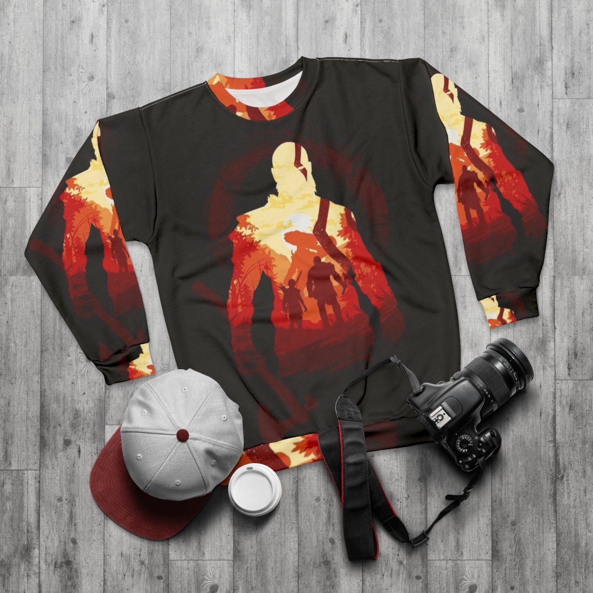 Adventure Of The Gods Sweatshirt featuring Kratos and Atreus from God of War - flat lay