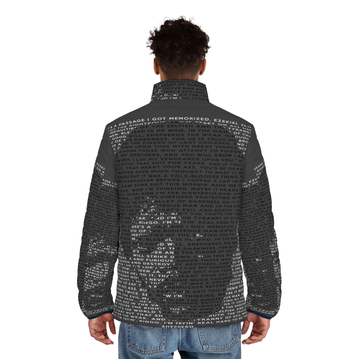 Ezekiel 25 17 Puffer Jacket with Pulp Fiction movie quote and pop art design - men back