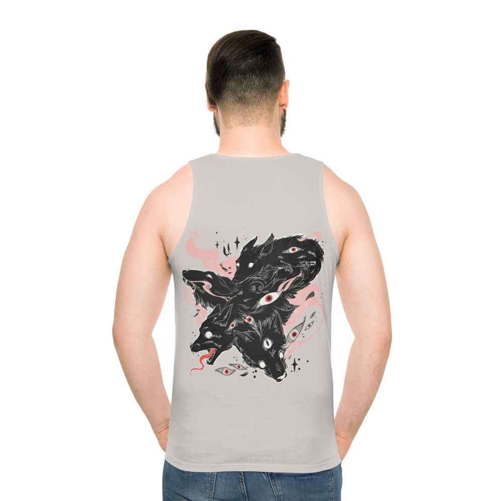 Unisex tank top featuring a design with wild wolves and many creepy eyes - men back