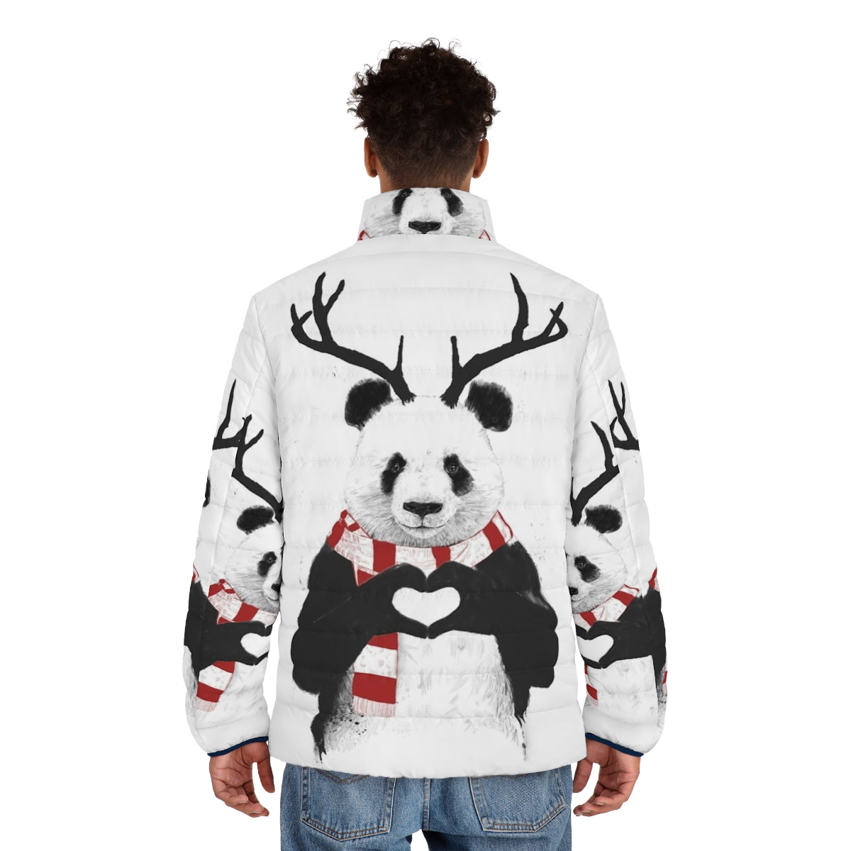 Panda wearing a cozy puffer jacket with antlers, illustration by Balazs Solti - men back