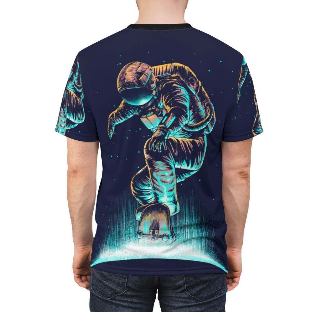 Vibrant cosmic and abstract space-themed graphic design on a high-quality t-shirt. - men back