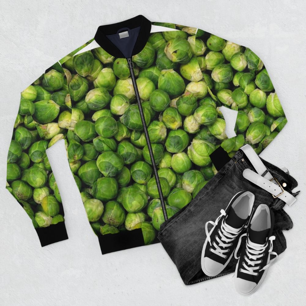 Brussels sprouts bomber jacket with a vibrant vegetable design - Flat lay