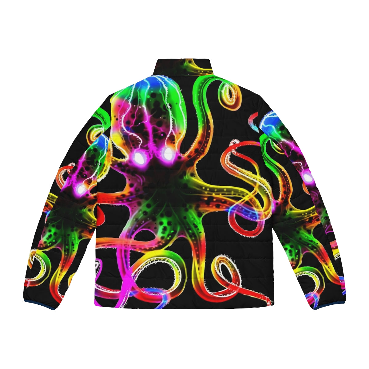 Vibrant rainbow tie-dye puffer jacket with glowing octopus design - Back